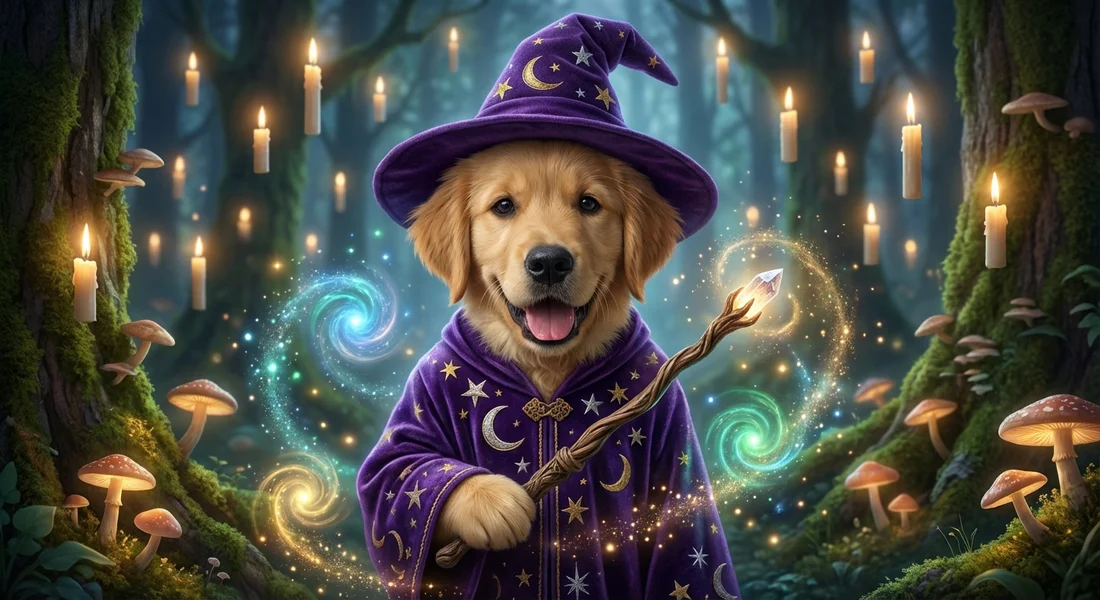 Illustrative story artwork: a golden retriever dressed as a wizard in a glowing garden