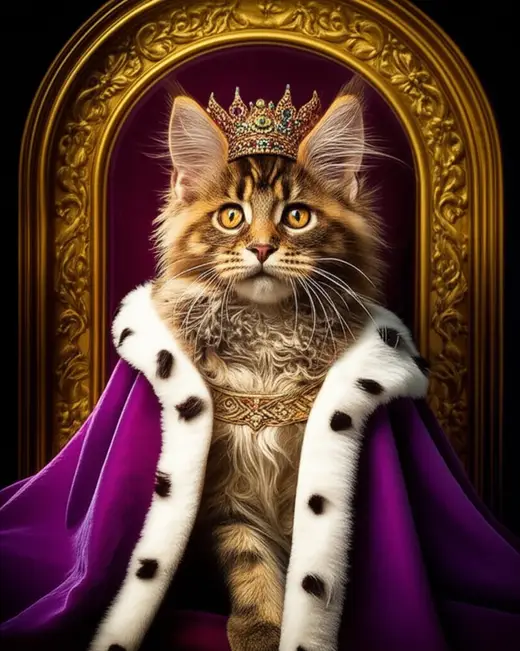 A tabby cat wearing a crown and an extravagant royal cloak