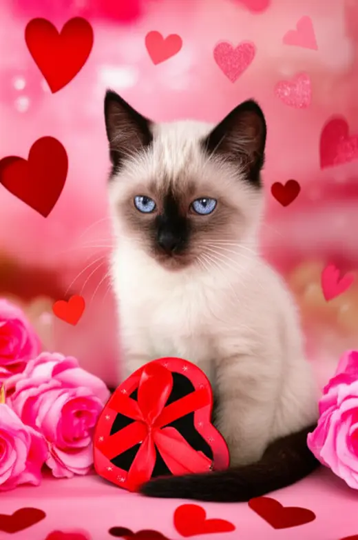 A grumpy cat surrounded by pink hearts and roses