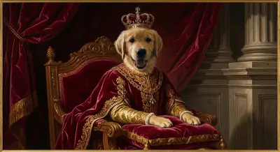 Sample portrait: a golden retriever on a royal throne